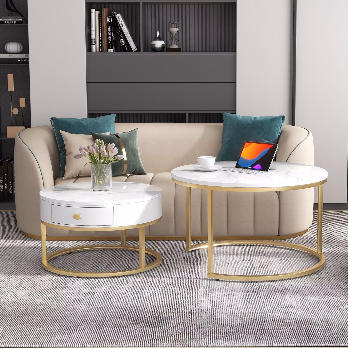 Aosom UK Set of 2 Round Nesting Coffee Tables with Storage Drawer, White Marble Pattern Top and Gold Metal Frame – 6