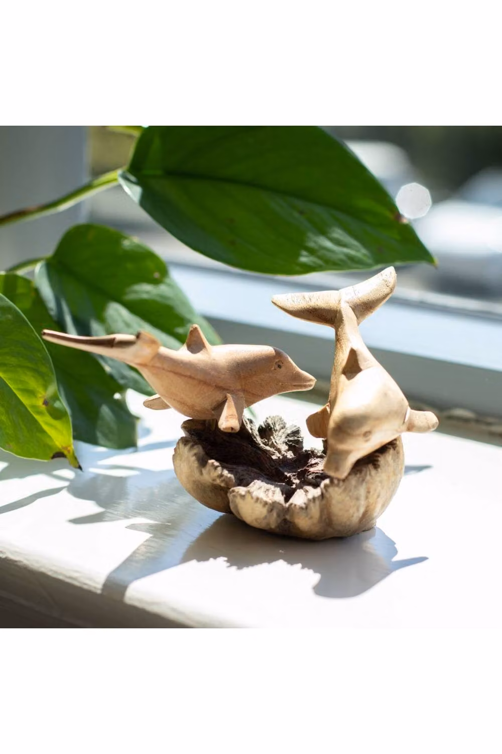 KDMD Dolphins in Play Parasite Wood Carving with Natural Base in Brown – 2