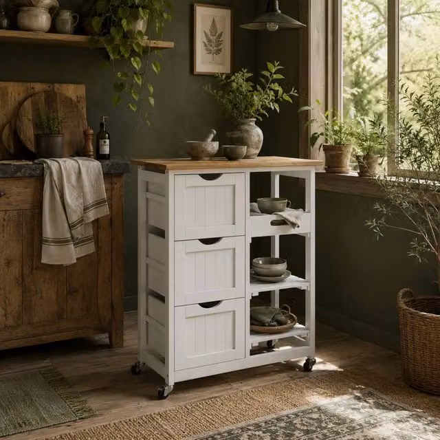 Wyld Haus Compact White Rolling Kitchen Island with Natural Rubberwood Top, W/D/H: 67.0 x 37.0 x 85.5 cm