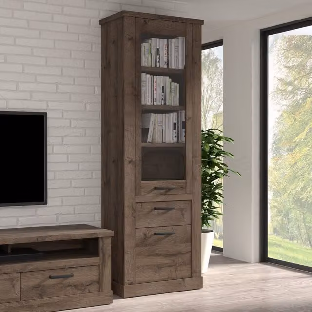 Furniture To Go Corona Narrow Display Cabinet in Tabak Oak with Glass Doors and Integrated Lighting