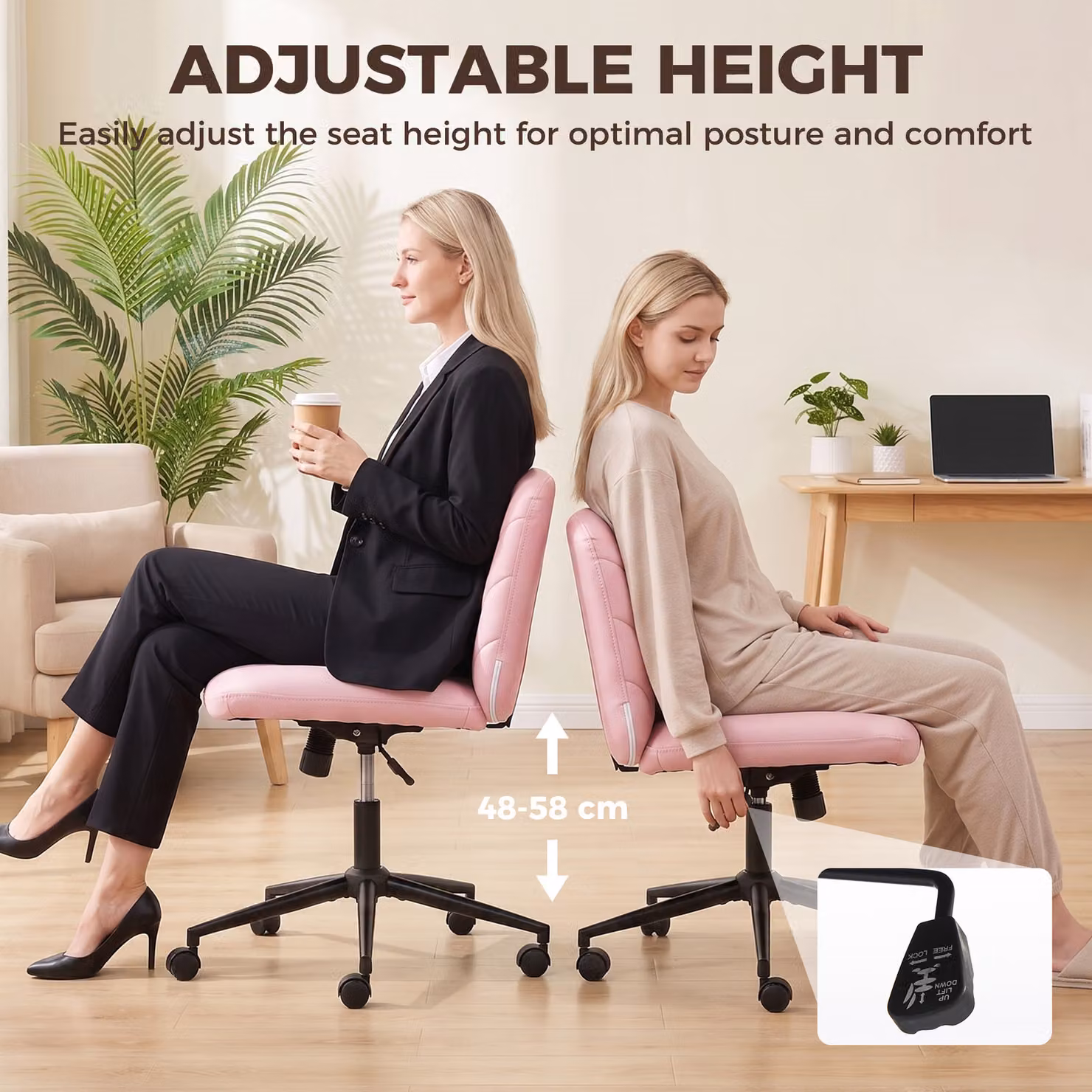 HOMCOM Pink Swivel Task Chair with Castors and Synthetic Leather Upholstery, W/D/H: 58 x 53 x 62 cm – 4