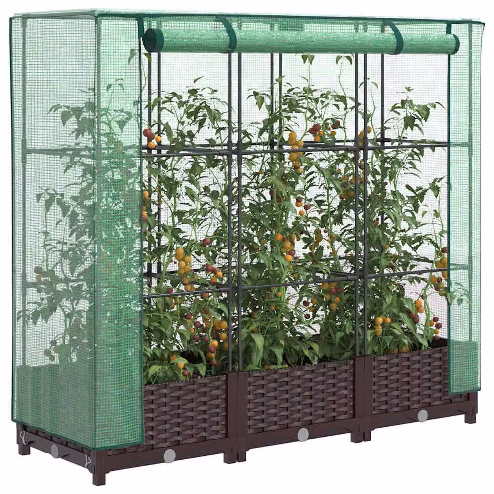 Berkfield Home Raised Bed with Greenhouse Cover in Brown Rattan Look, W/D/H: 120 x 40 x 123 cm – 2