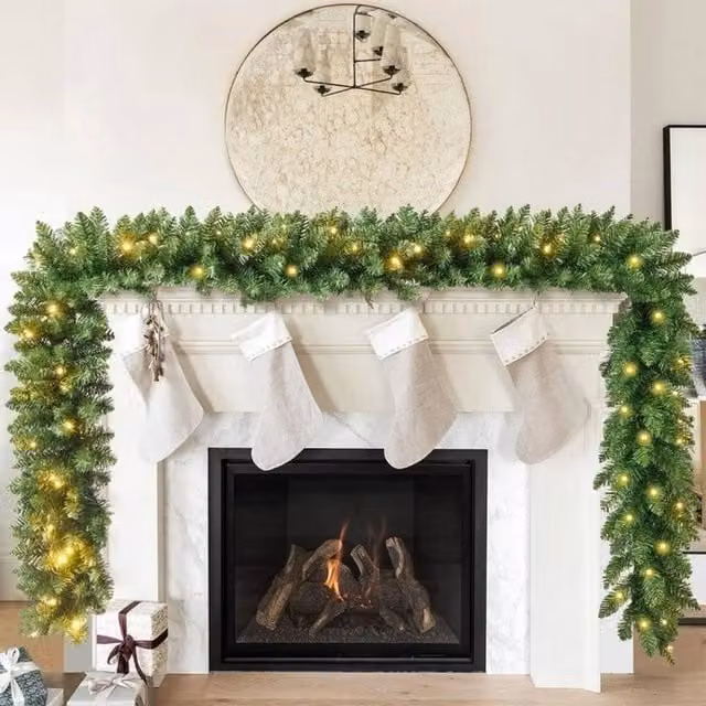 PAWNORA 9ft Green Christmas Garland with Warm White LED Lights – 1