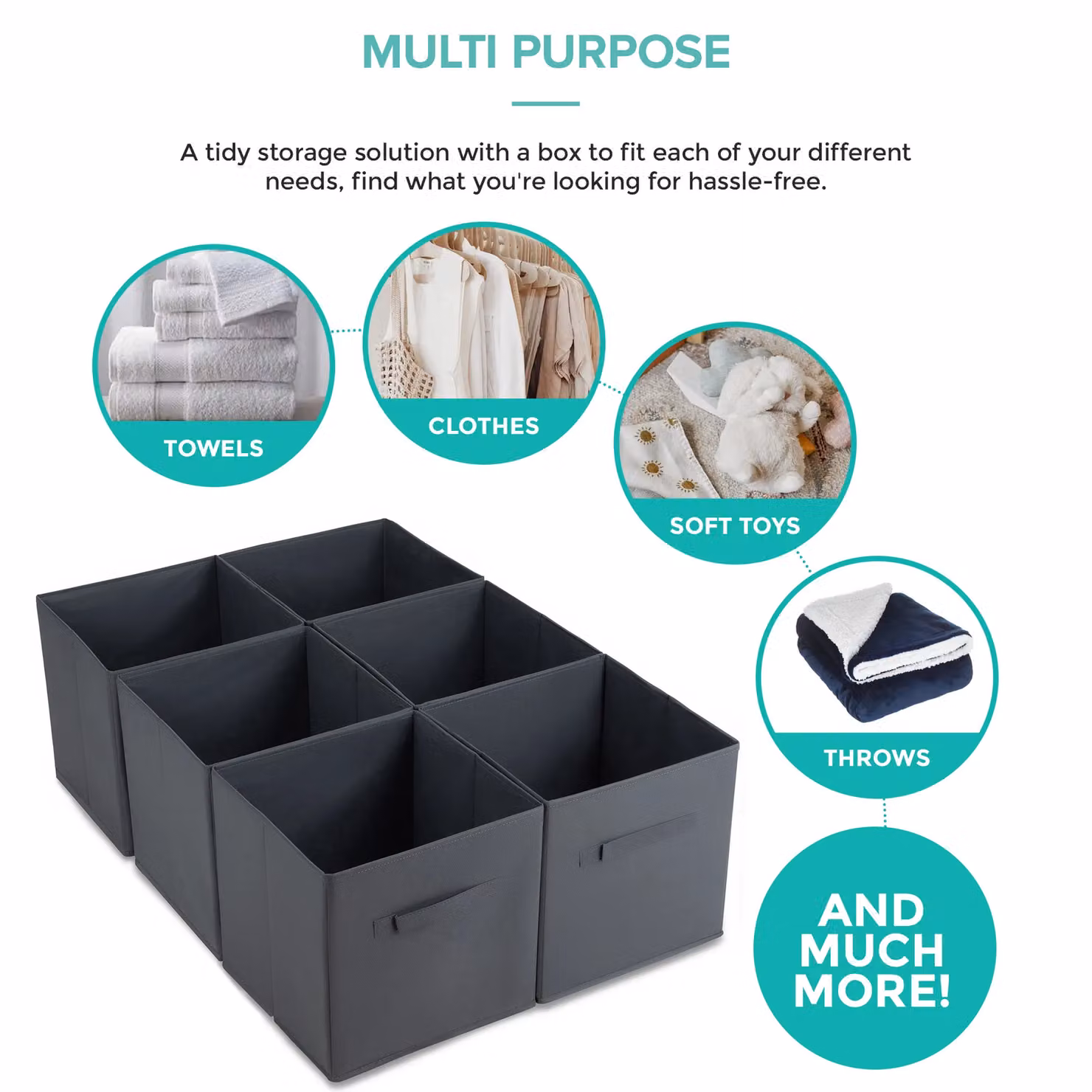 LIVIVO Set of 6 Foldable Storage Cube Boxes in Grey with Fabric Handles – 5