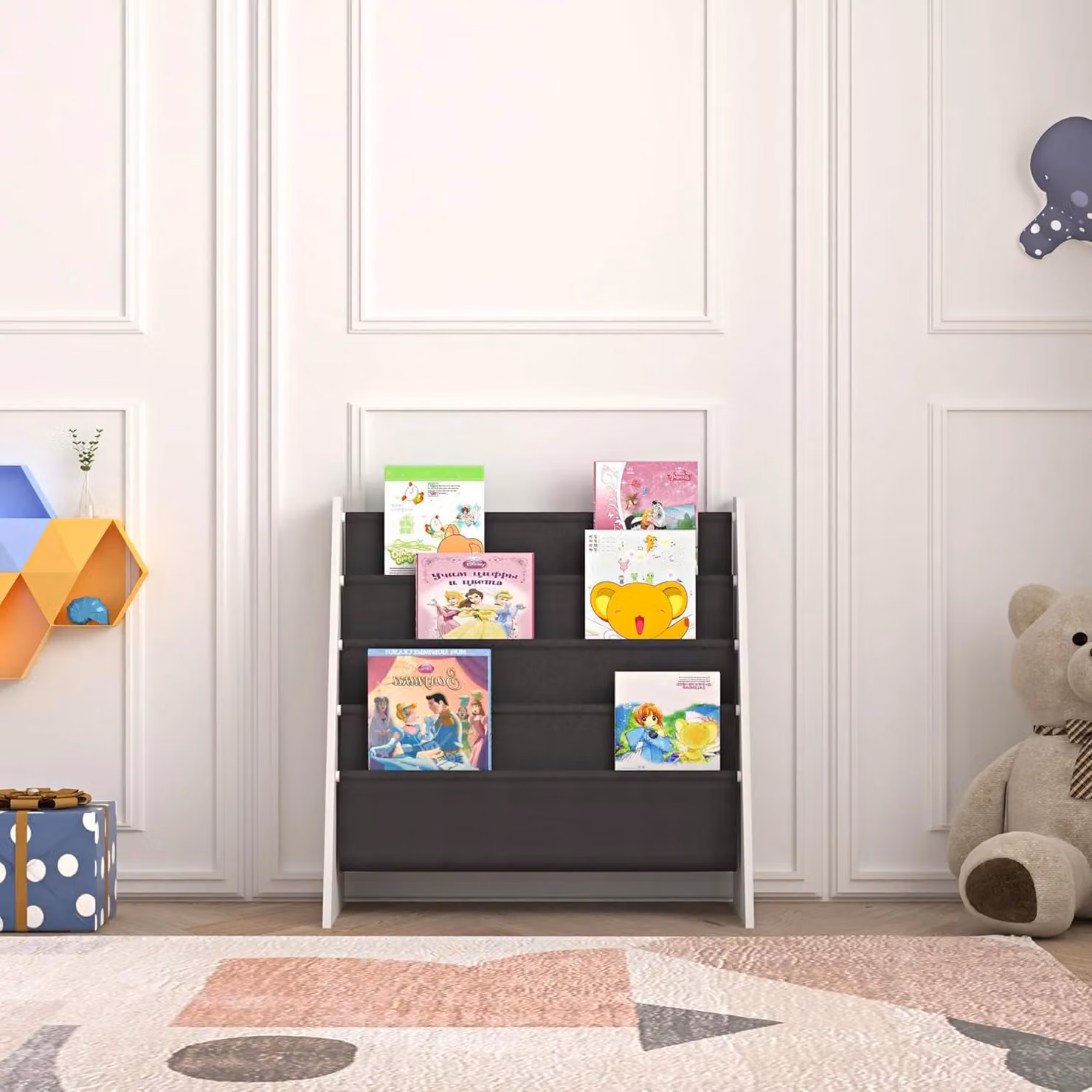 Xample 4 Tier Kids Fabric Sling Bookshelf Storage in Grey – 2