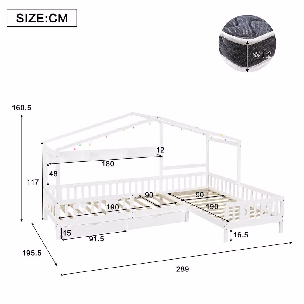 Merax White L-Shaped Corner Wooden House Bed for Children with LED Under-Bed Lighting and Drawers, Single Size (90 x 190 cm) – 2