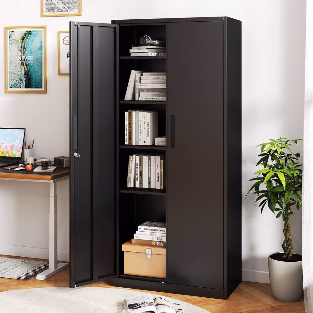 Gymax Lockable 2-Door Steel Tool Cabinet and Pantry in Black, W/D/H: 90 x 45 x 180 cm – 3