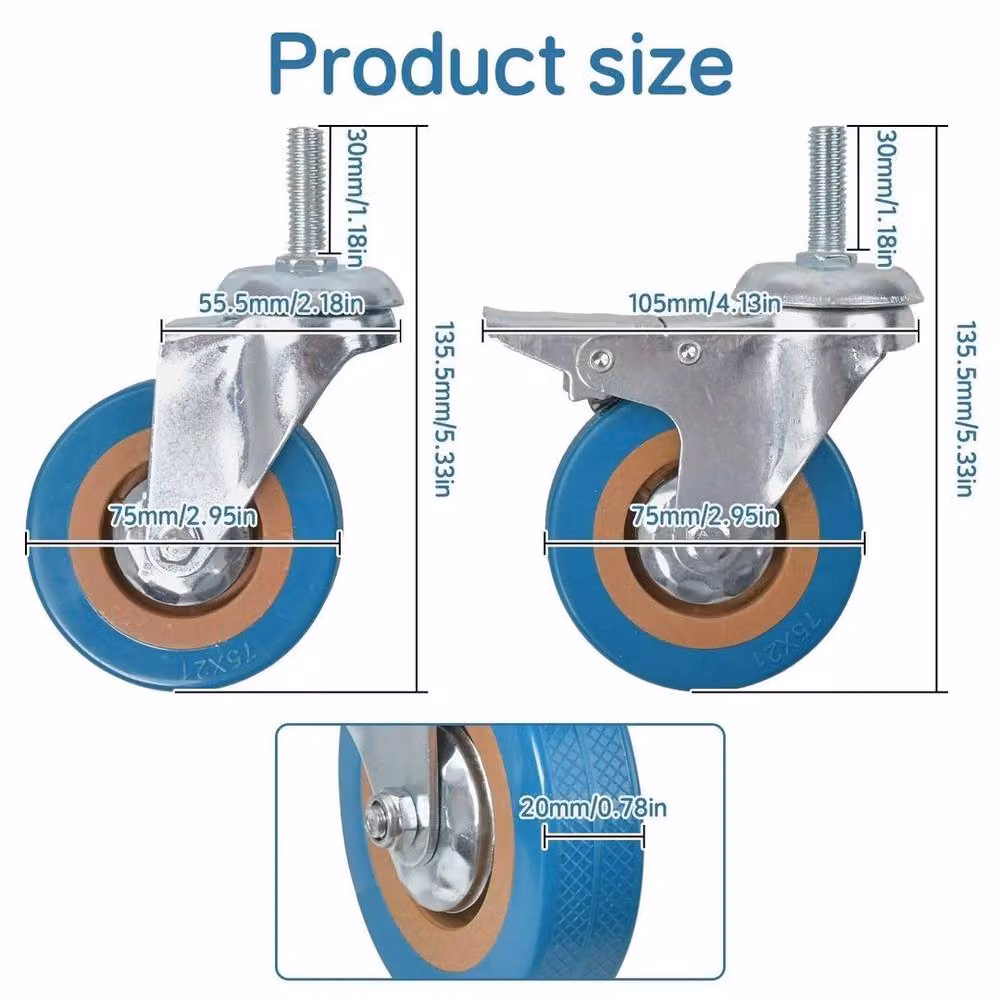 PAWNORA Blue Rubber Swivel Castor Wheels with Threaded Stem, 75mm – 2