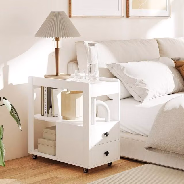 VOGREX White 2-Drawer Narrow Side Table with Castors, W/D/H: 40 x 30 x 62 cm – 1