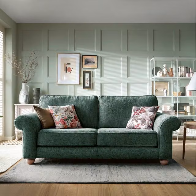 Abakus Direct Ingrid 3 Seater Upholstered Fabric Sofa in Green with Scatter Cushions