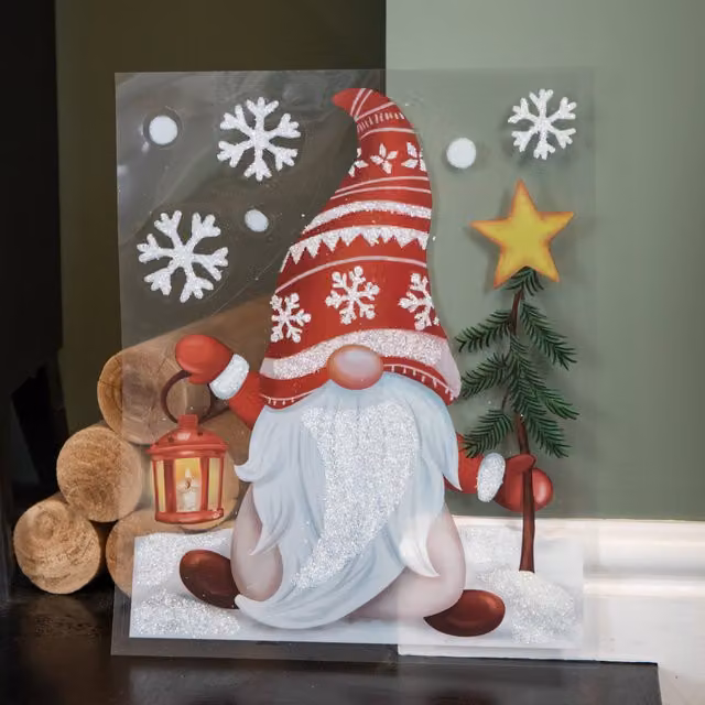 Samuel ALEXANDER Christmas Gonk in Snow Scene Window Decal Decoration with Glitter, Red and White, 35 cm
