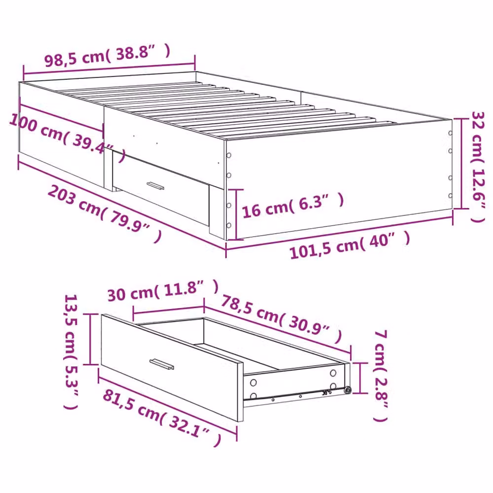Berkfield Home Modern Bed Frame with Drawers in Grey, W: 100 cm, L: 200 cm – 3
