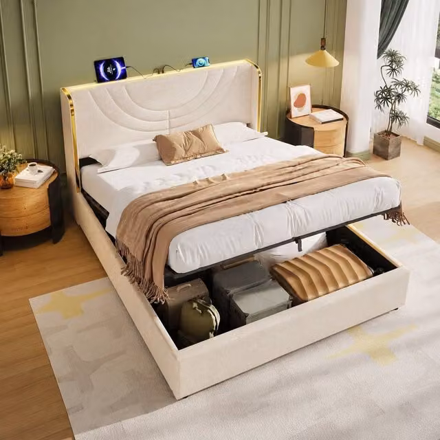 STILVORA Double Bed Frame in Beige with Hydraulic Storage, LED Under-Bed Lighting and USB Charging Ports, W/D/H: 140 x 200 x 137 cm