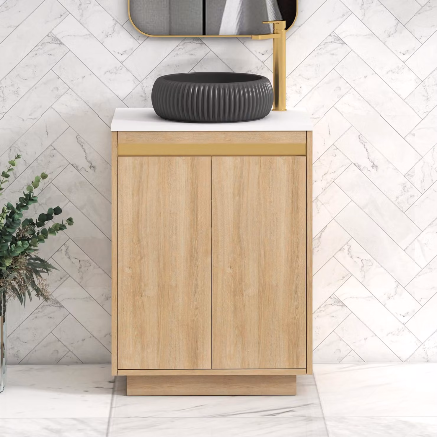 Royal Bathrooms Orion 600mm Natural Oak Floor Standing 2 Door Vanity Unit with Milan Black Basin and Brushed Brass Accent Trim