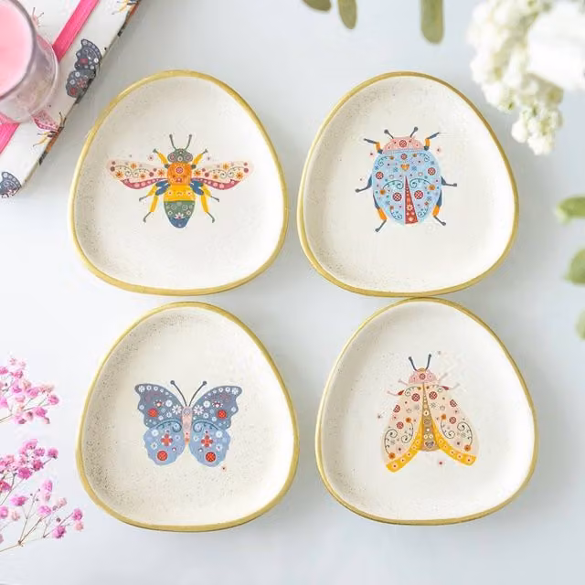 Uniqueful Set of 4 Multicolour Floral Ceramic Trinket Bowls with Gold Details
