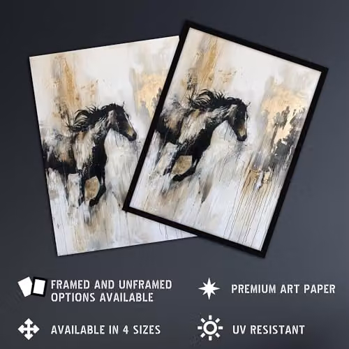 Artery8 Wild Horse Fantasy Black and Gold Abstract Oil Painting Poster Print on Thick Paper, 46 x 61 cm – 2
