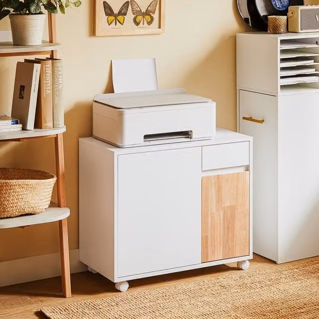 SoBuy Scandinavian Style Mobile Office Storage Cabinet in White and Natural Wood with Castors – 1