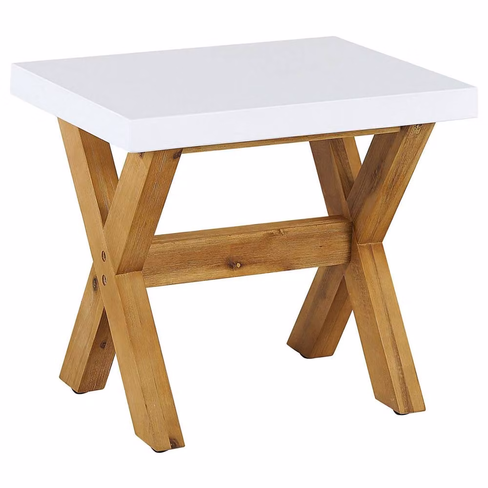 Wyld and Coco White Fibre Cement Stool with Acacia Wood Base – 2