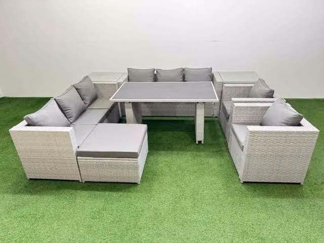 Fimous 9 Seater Outdoor Dining Set with 3 Seater Sofa, 2 Side Tables and Stools in Light Grey