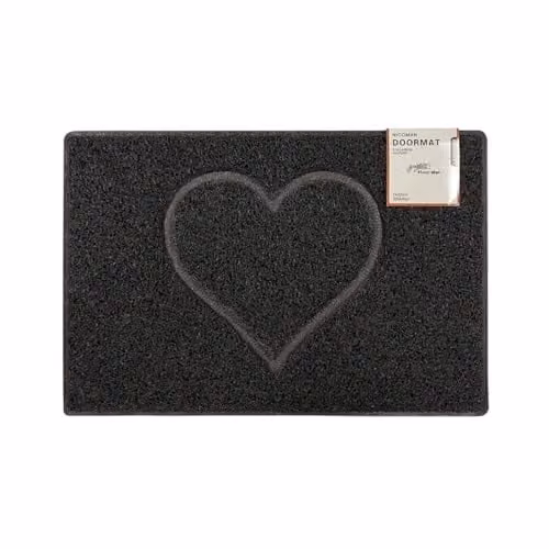Oseasons Heart Medium Embossed Doormat in Black, Weatherproof Vinyl with Open Backing