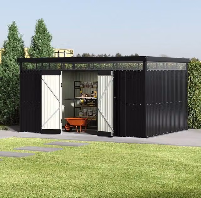 Living and Home Metal Garden Tool Shed in Black, Galvanised Steel, W/D/H: 388 x 301 x 203 cm