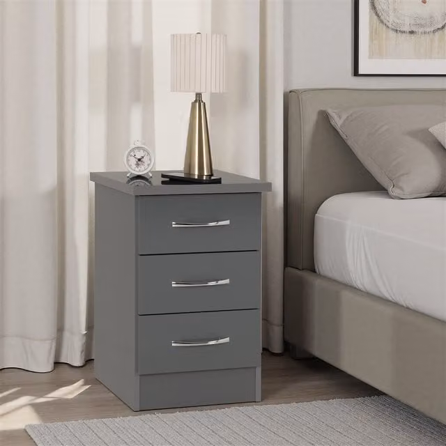 Seconique Nevada 3 Drawer Bedside Table in Grey Gloss