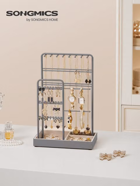 SONGMICS Jewellery Display Stand Organiser with Velvet Tray, Grey Metal, Freestanding