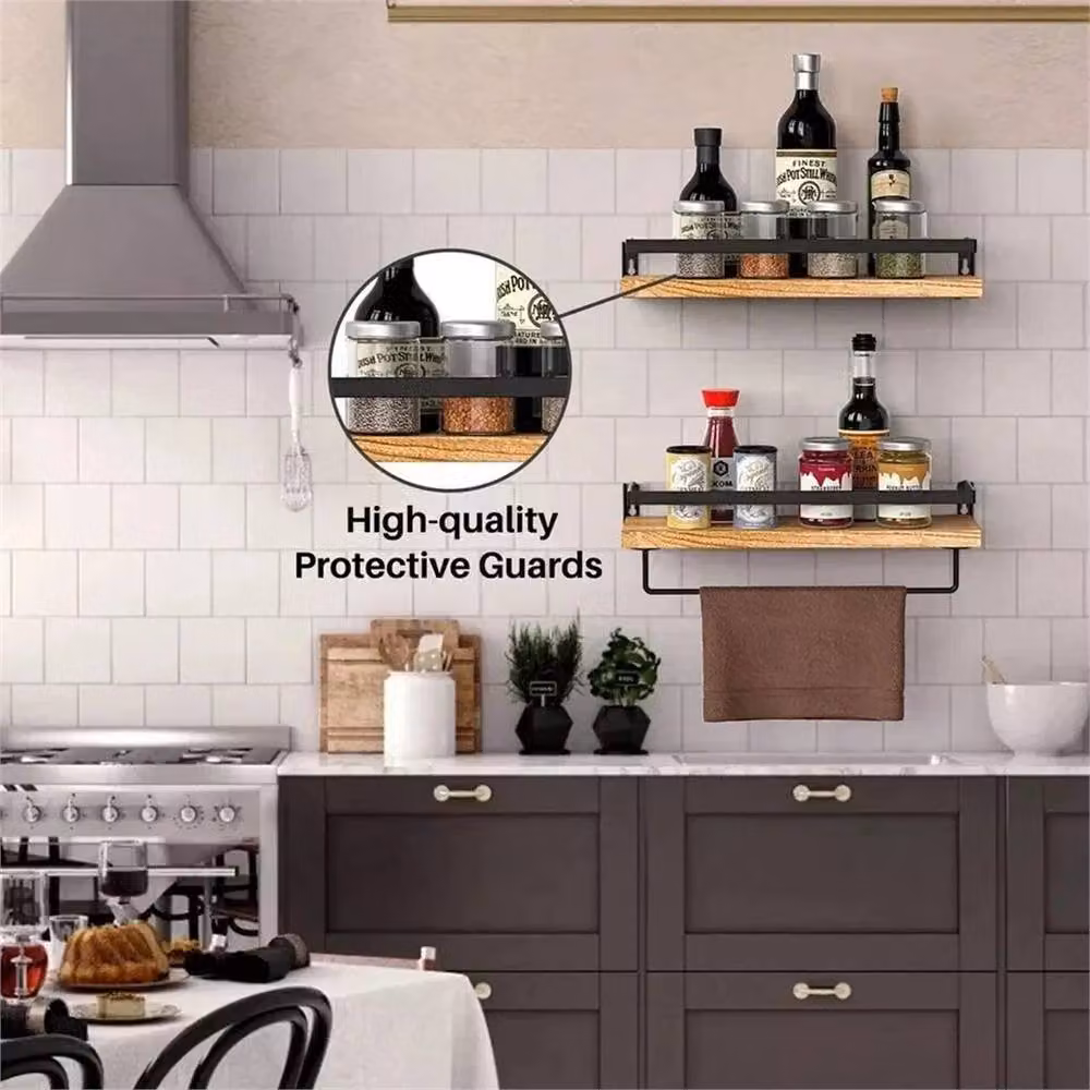 Nordara Set of 2 Rustic Brown and Black Wooden Floating Wall Shelves with Hanging Rod for Home or Office Storage – 4