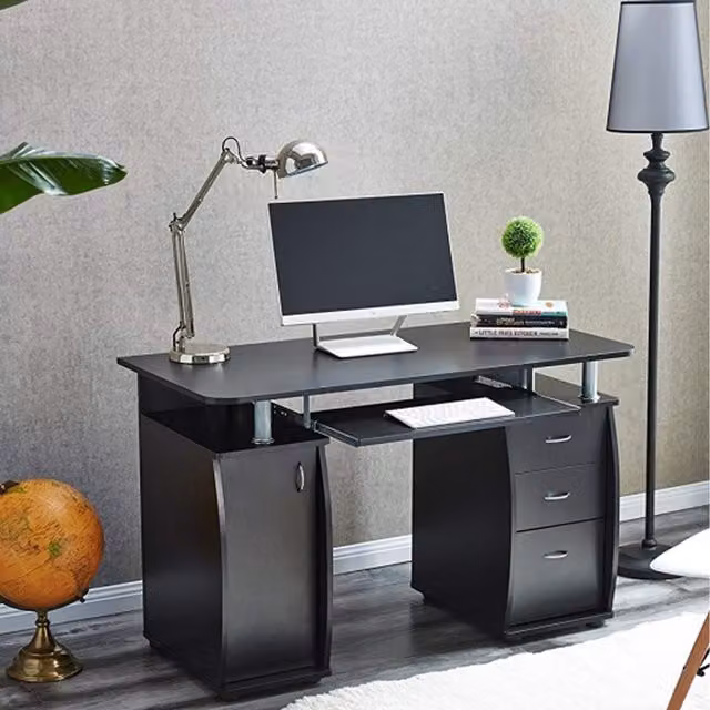 RayGar Wicklow Modern Computer Desk with Cabinet and 3 Drawers in Black
