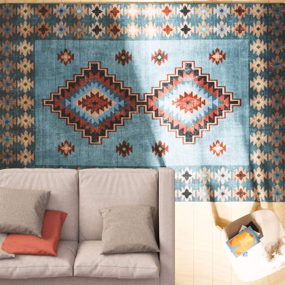 Kukoon Blue Geometric Boho Machine Woven Washable Everyday Rug, W: 280 cm, D: 380 cm – 3