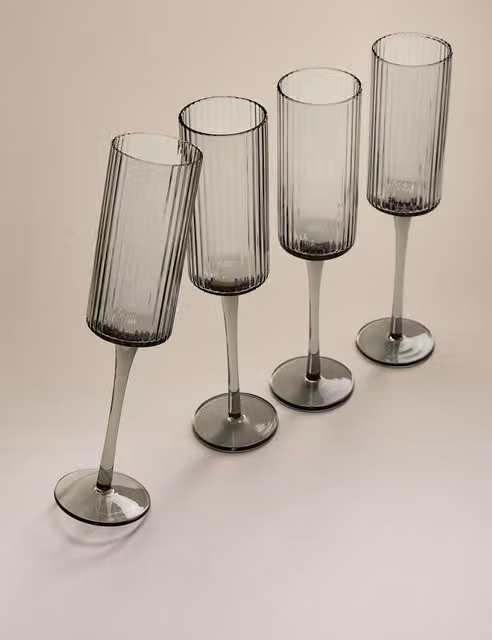 M&S Set of 4 Celine Ribbed Champagne Flutes in Dark Grey