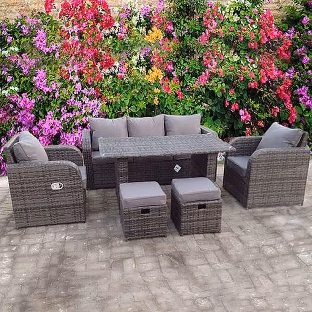 UK Leisure World Grey Rattan Garden Dining Set with Glass Top Table and 6 Chairs