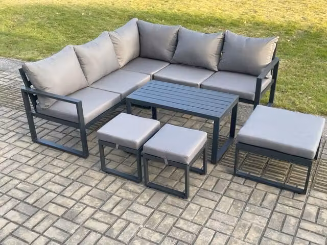 Fimous Modern L-Shape Outdoor Garden Furniture Set in Dark Grey, featuring a 3-Seater Sofa, Coffee Table, and 3 Matching Ottomans with Weatherproof Fabric Cushions