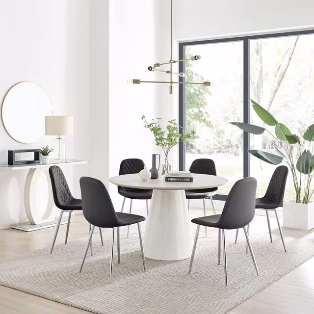 Furniturebox Palma Beige Stone Effect Round Dining Table and 6 Corona Silver Chairs in Black