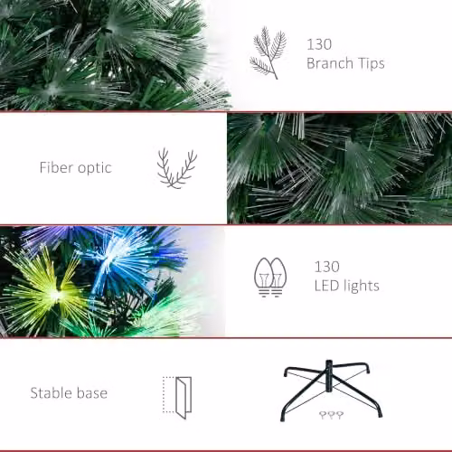 HOMCOM 4ft Green Artificial Christmas Tree with Multicolour LED Fibre Optic Lights and Metal Stand – 5