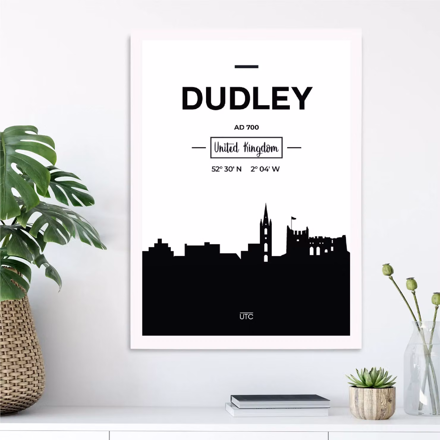 ARTZE Dudley Black and White City Skyline Framed Print in White Frame, A2 – 2