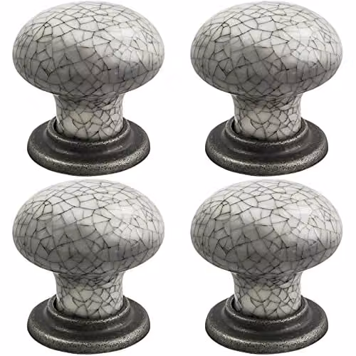 Loops 4 Pack Porcelain Mushroom Cupboard Door Knobs in Blue Glaze and Antique Steel, 36mm Diameter – 1