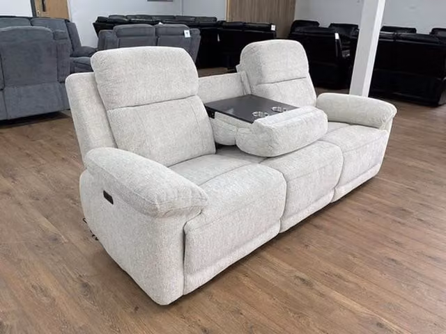 Stratus Interiors Owen Electric Recliner Sofa in Beige Fabric with USB Charging and Cup Holders – 1