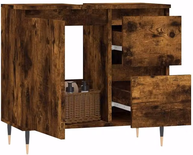 Berkfield Home Smoked Oak Bathroom Cabinet in Brown, W: 65 cm, D: 33 cm, H: 60 cm – 1