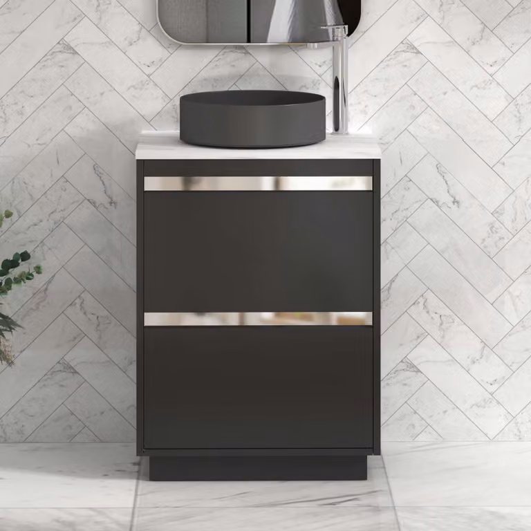 Royal Bathrooms Orion 600mm Matt Obsidian Black Floor Standing Countertop Vanity Unit with 2 Drawers, Art Round Basin and Chrome Accent Trim