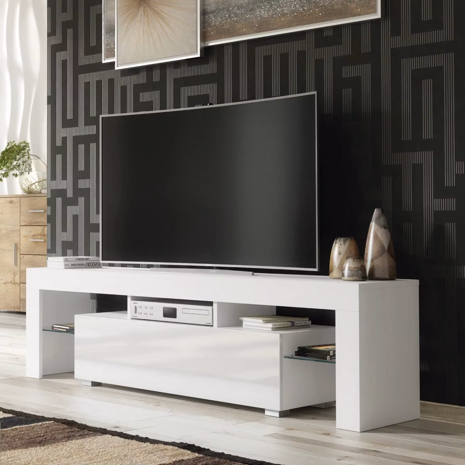 Creative Furniture Aria Modern White High Gloss TV Unit with LED Lights W: 160 cm, D: 35 cm, H: 45 cm – 5