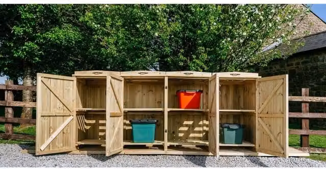 Buttercup Farm Chatburn 8 Recycle Box Store in Brown Timber with Pent Roof and Shelving, W/D/H: 120 x 80.4 x 239 cm – 1