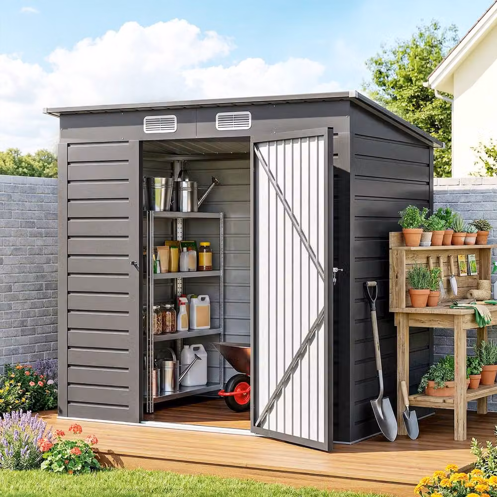 Rolipo Grey Galvanised Metal Pent Garden Shed with Locking Double Doors – 2