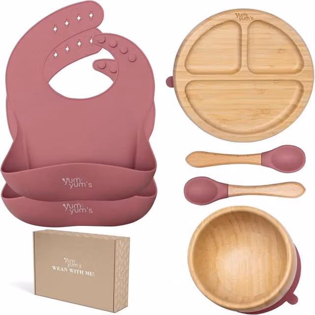 Yum Yums 6-Piece Pink Silicone and Bamboo Baby Weaning Feeding Set – 1