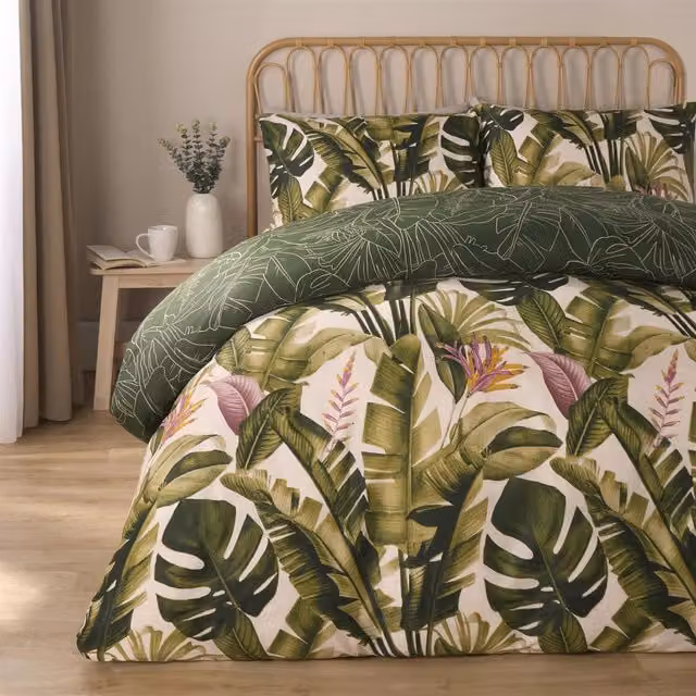 OHS Reversible Floral Green Summer Duvet Cover Set, W/D/H: 180 x 200 cm