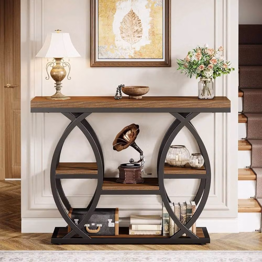 VOGREX Industrial 4-Tier Brown Console Table with Geometric Design for Hallways and Entryways – 3