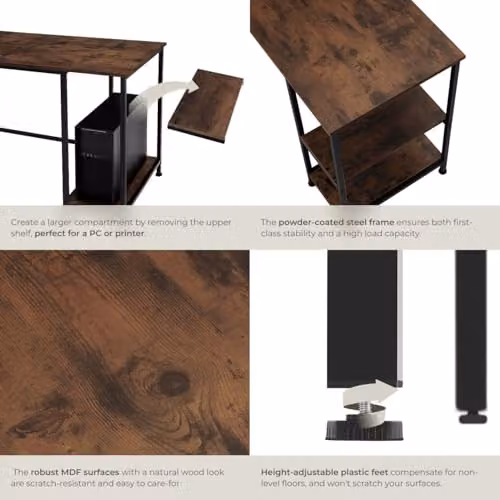 tectake Hamilton L-Shaped Corner Desk in Industrial Design with MDF Wood and Metal Frame, Brown and Black, W/D/H: 200 x 138 x 75.5 cm – 5