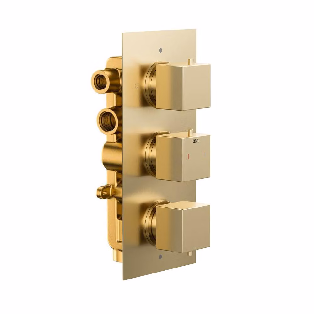 Nes Home 3 Dial 3 Way Concealed Square Thermostatic Mixer Shower Valve in Brushed Brass Gold, W: 29.6 cm x H: 25.3 cm – 2