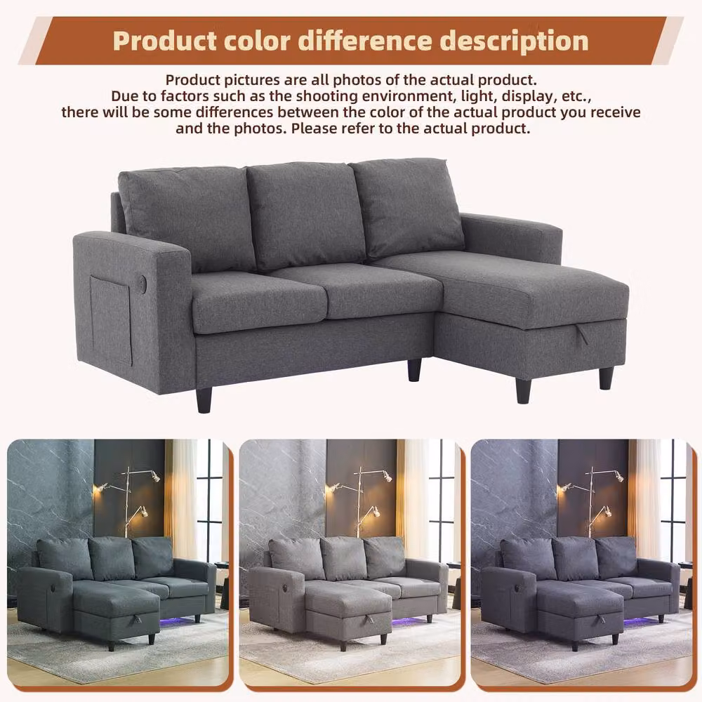 Tokpiedi 3-Seater L-Shaped Reversible Fabric Sofa in Grey with LED Lighting, USB Charging and Storage – 4