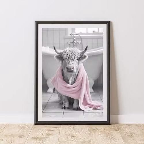 60 Second Makeover Highland Cow Pink Towel Animal Print Paper Poster, A3